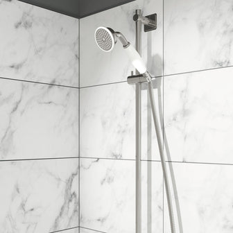 Shower rail kit with traditional handset fixed in a shower bracket installed on a white tilled bathroom wall  Main image