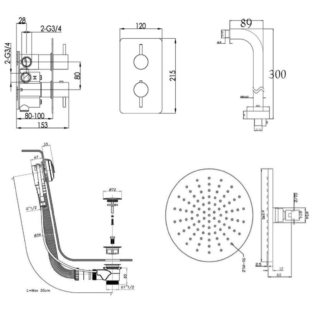 Chrome Thermostatic Concealed Shower Technical Drawing
