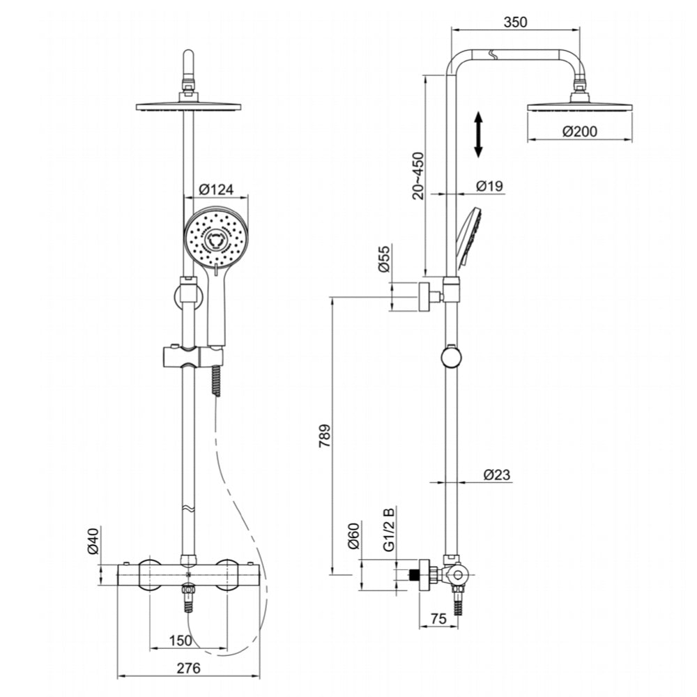 Shower head riser rail - Technical drawing