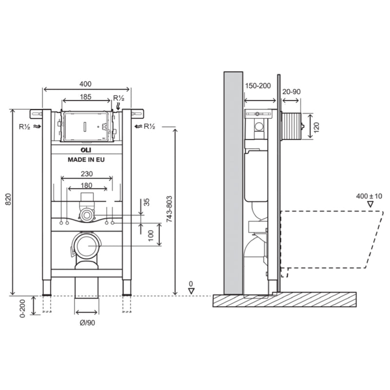 wc cistern frame technical drawing-tapron