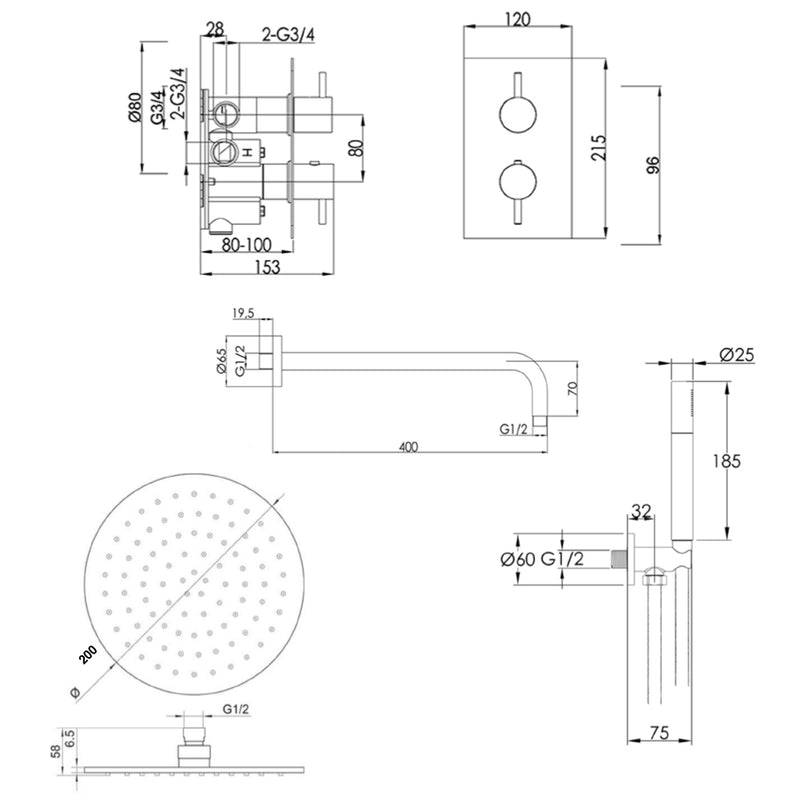 thermostatic shower mixers Technical Drawing