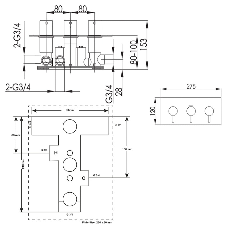 thermostatic shower valve Technical Drawing