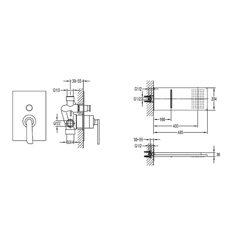 single lever concealed diverter with 2 outlet and overhead shower tapron technical drawing