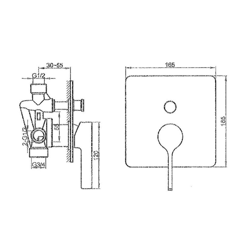 bath diverter concealed bathroom tap technical drawing