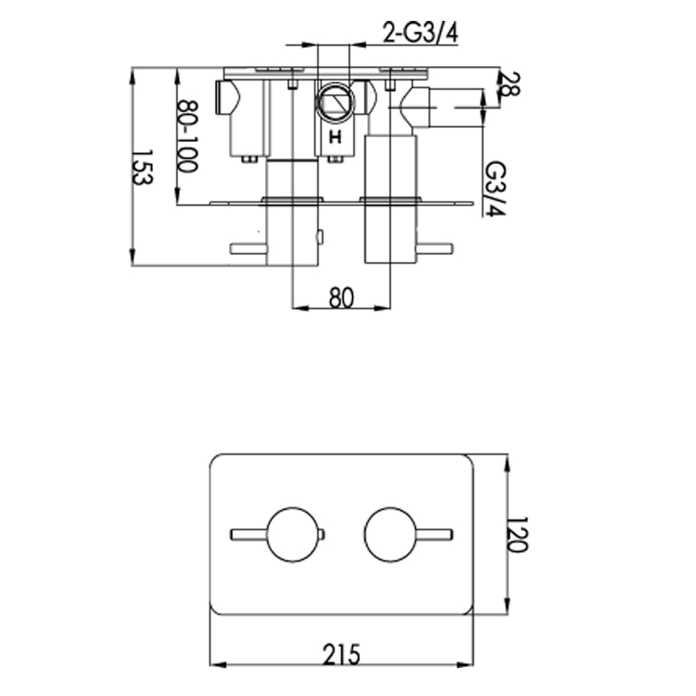 Thermostatic 1 Outlet Shower Valve - Vertical  dimensions tapron