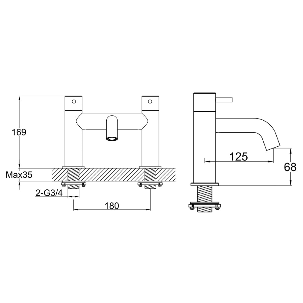 deck mounted bath tap technical drawing-tapron