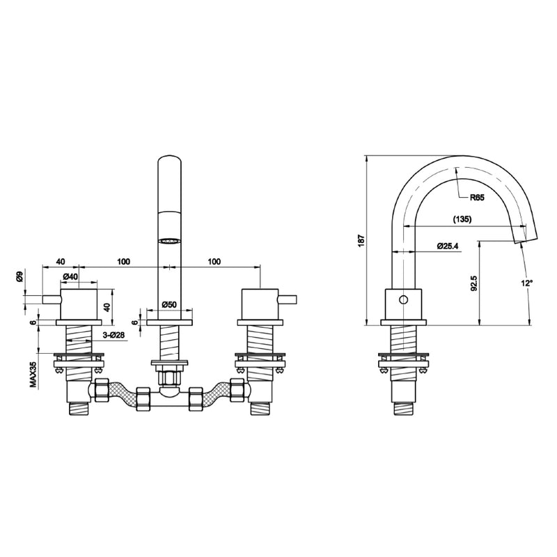 deck mounted mixer tap technical drawing tapron