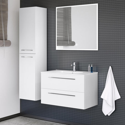 White double door bathroom side cabinet on a bathroom wall with matching white vanity unit and large bathroom mirror