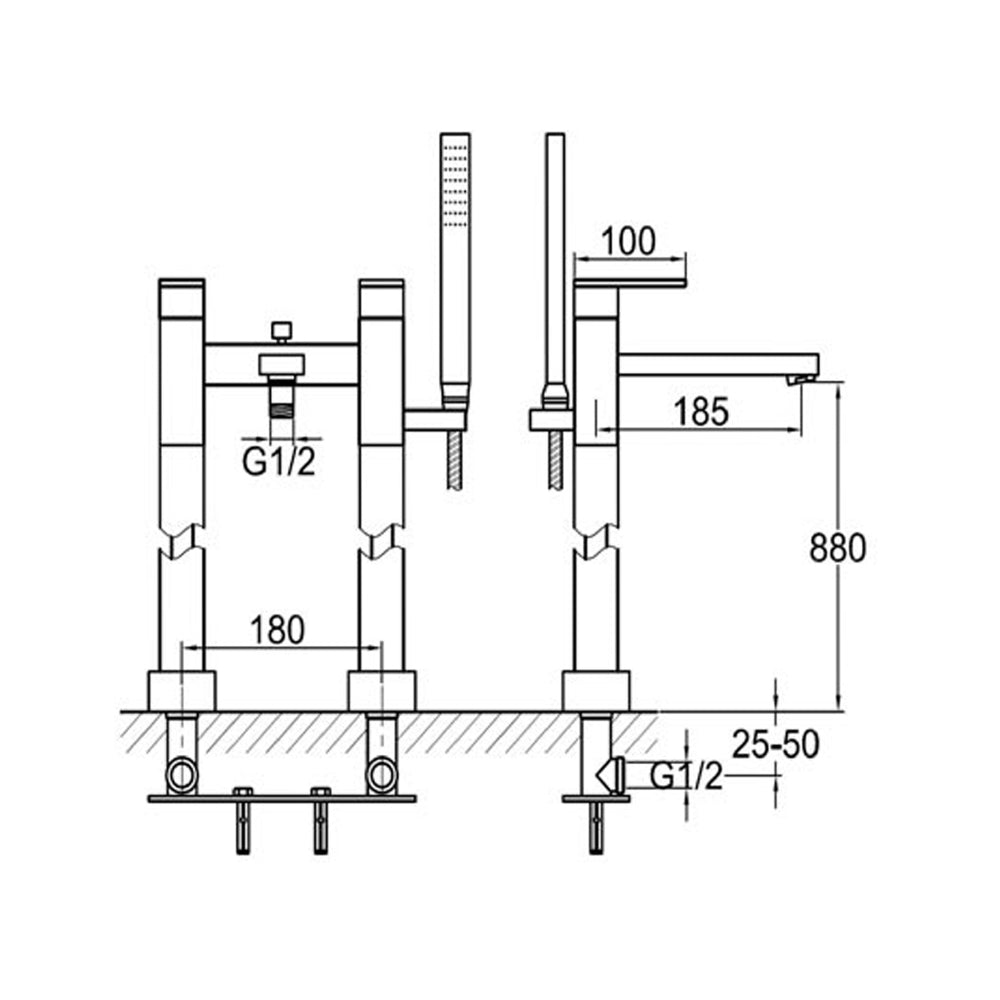 floor mounted bath taps  tapron technical drawing