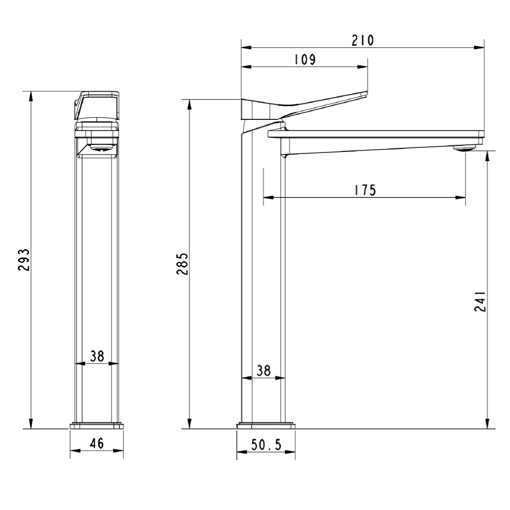 high rise basin tap technical drawing-tapron