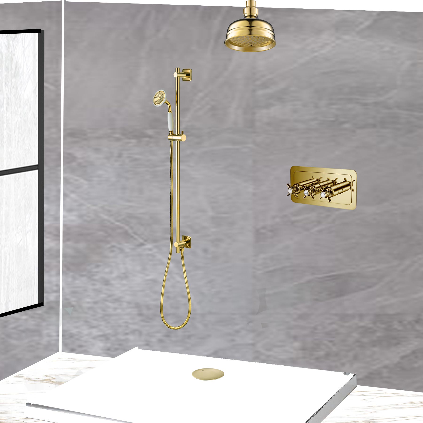 Traditional gold shower head with thermostatic valves and shower raiser installed in a modern, open plan bathroom.