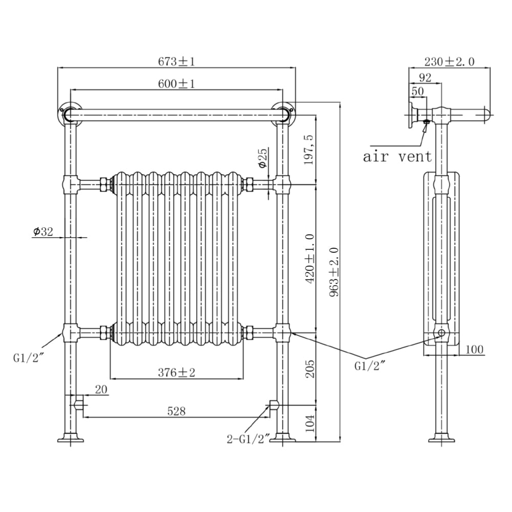 Traditional Heated Towel Rail Radiator Gold Technical Drawing
