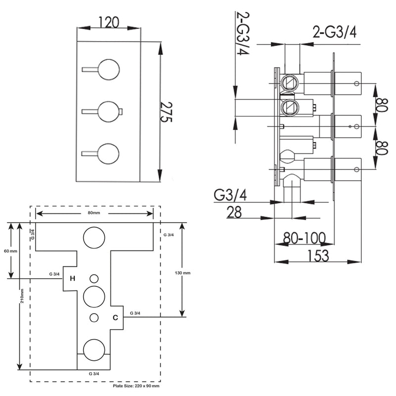 3 outlet thermostatic shower valve Technical Drawing