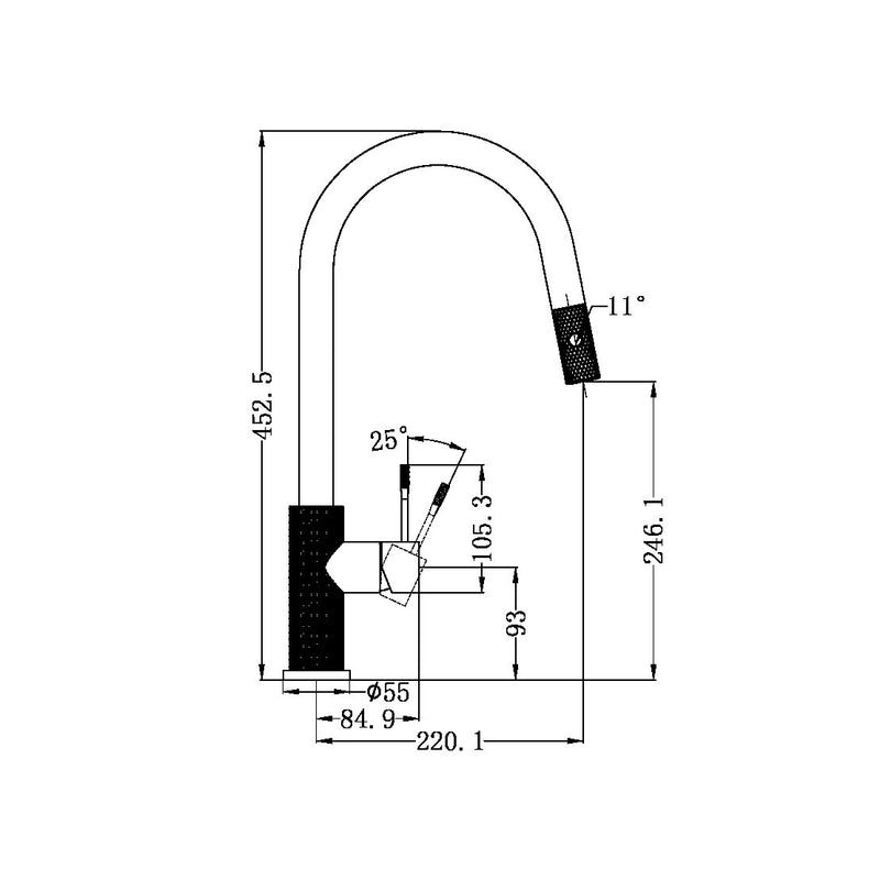 technical drawing - Brushed Gold Kitchen Tap with Hose
