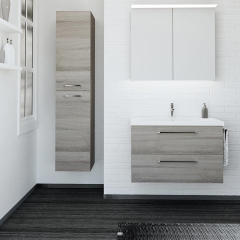 Grey double door side bathroom cabinet on a bathroom wall with vanity unit and large double door bathroom mirror above it