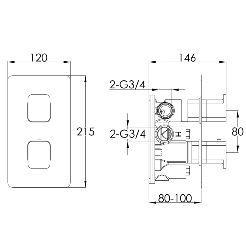 AXEL Thermostatic Concealed 2 Outlet Shower Valve Technical Drawing