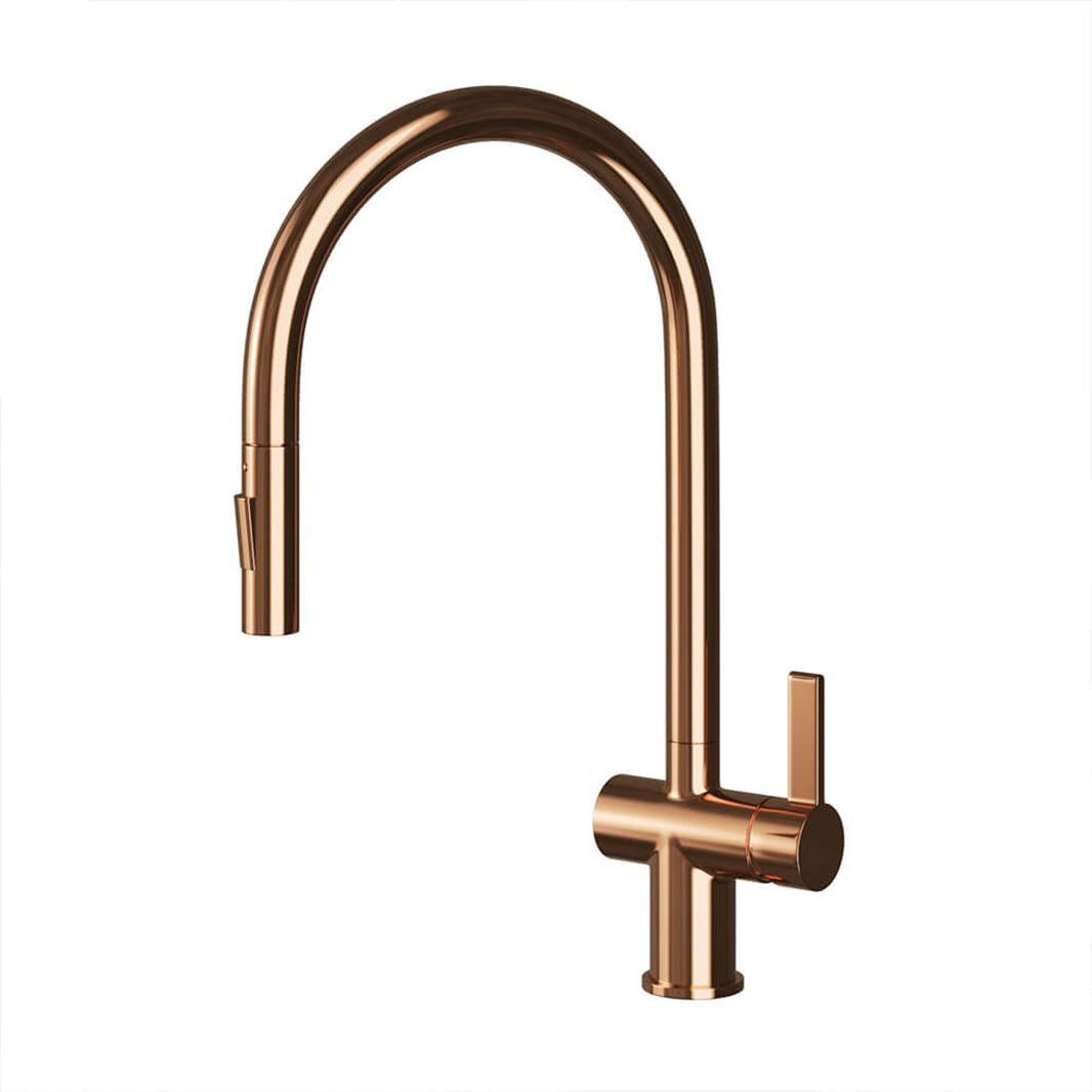 copper kitchen tap with sprayer