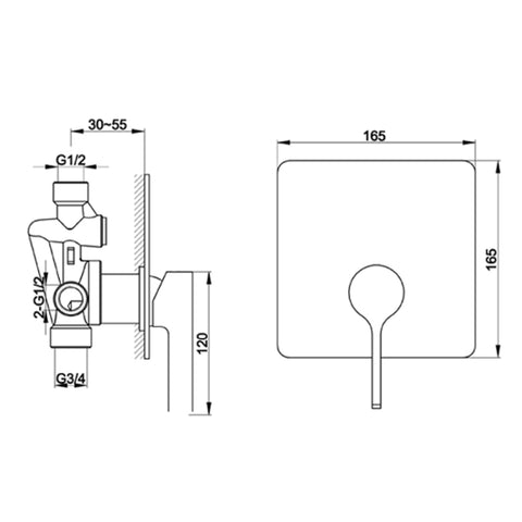 Single Lever Concealed Manual Valve technical drawing