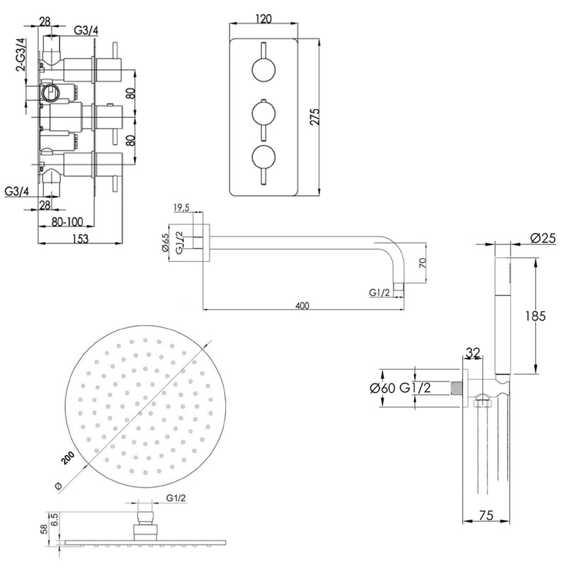 black shower head Technical Drawing