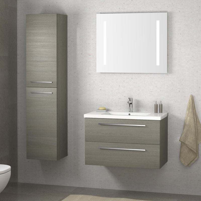 Grey bathroom wall-mounted vanity unit with basin and two drawers installed in the bathroom also a mirror and bathroom cabinets sold separately 