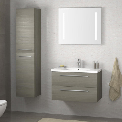 Grey bathroom wall-mounted vanity unit with basin and two drawers installed in the bathroom also a mirror and bathroom cabinets sold separately 