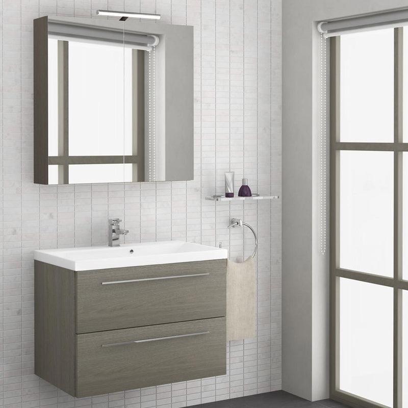 Bathroom Wall Mounted Vanity Unit with Two Drawers and Basin - Grey installed on a bathroom wall with a mirror and toiletries 
