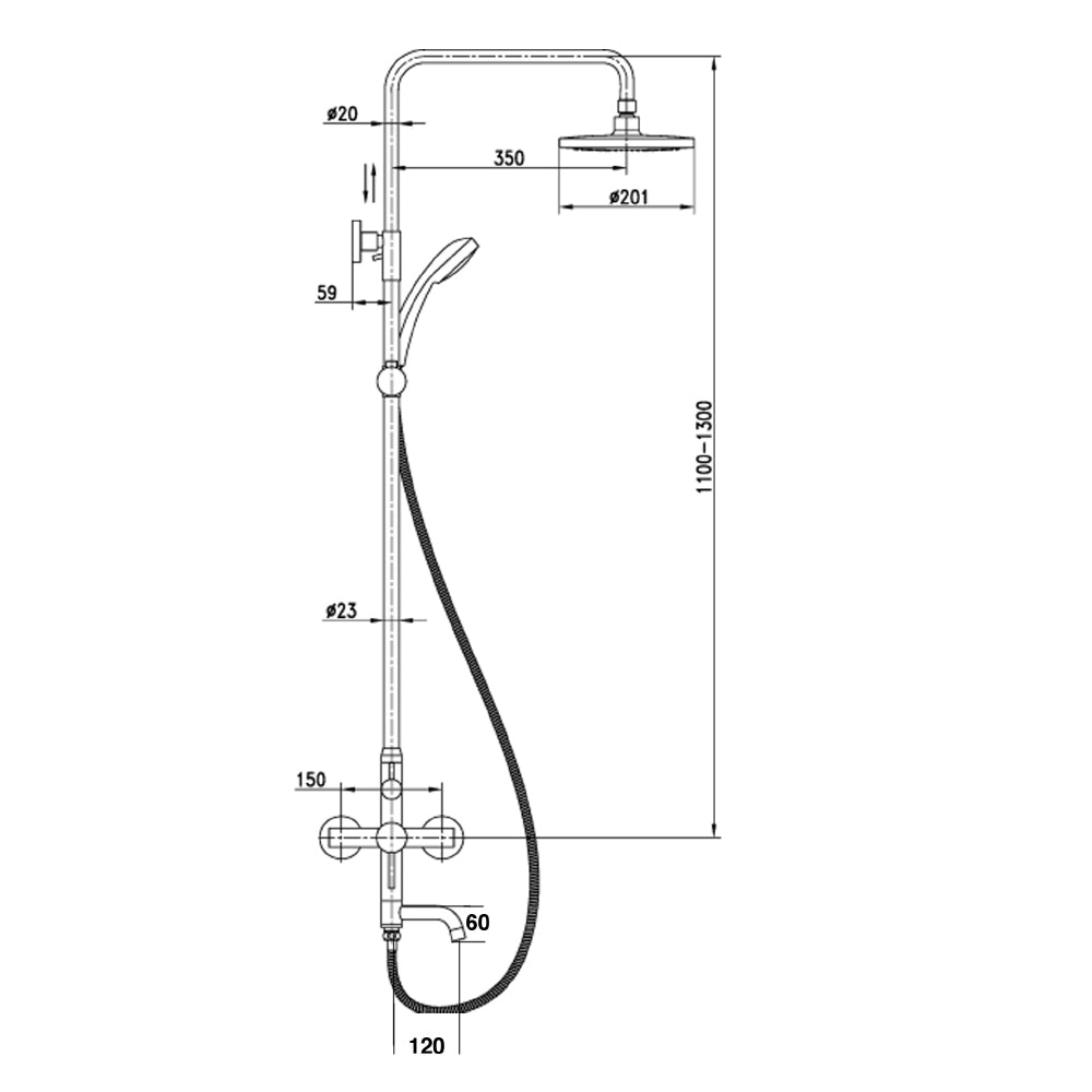 Rigid Riser Shower Set with Overhead Shower, Hand Shower, and Spout Tapron technical drawing