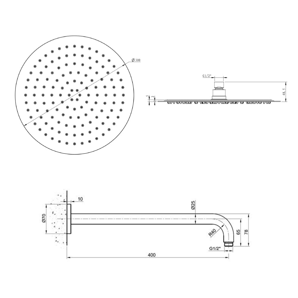 brushed stainless steel shower arm Technical Drawing