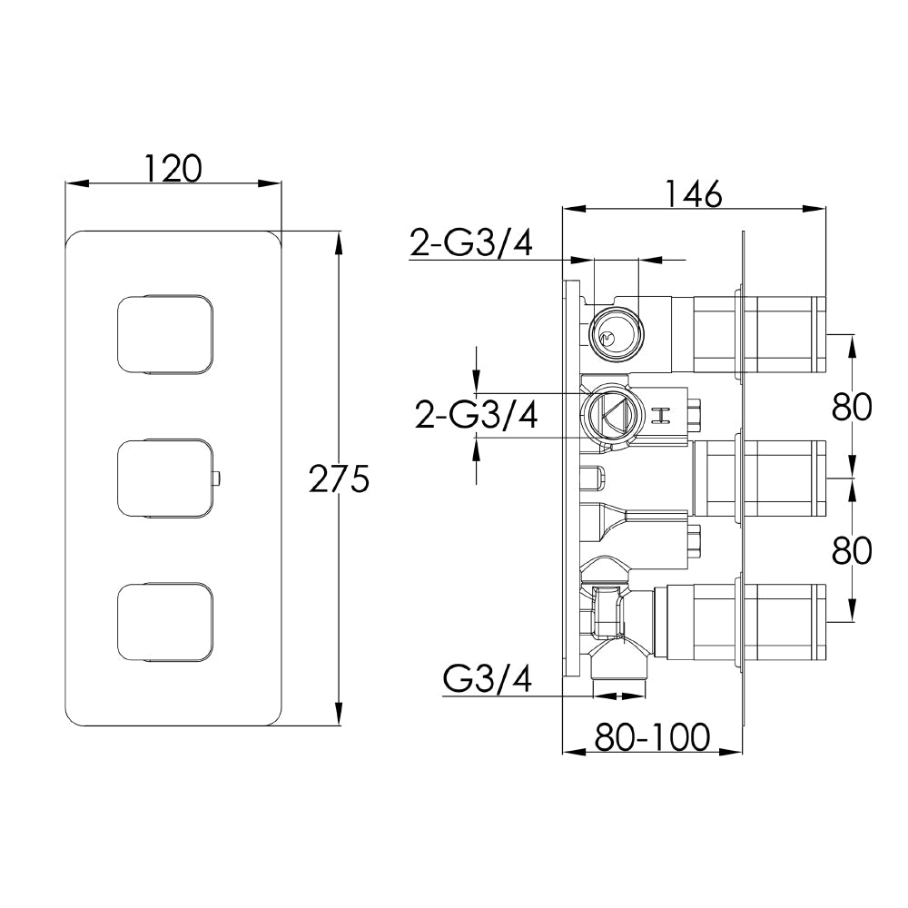 3 way shower diverter valve technical drawing-tapron