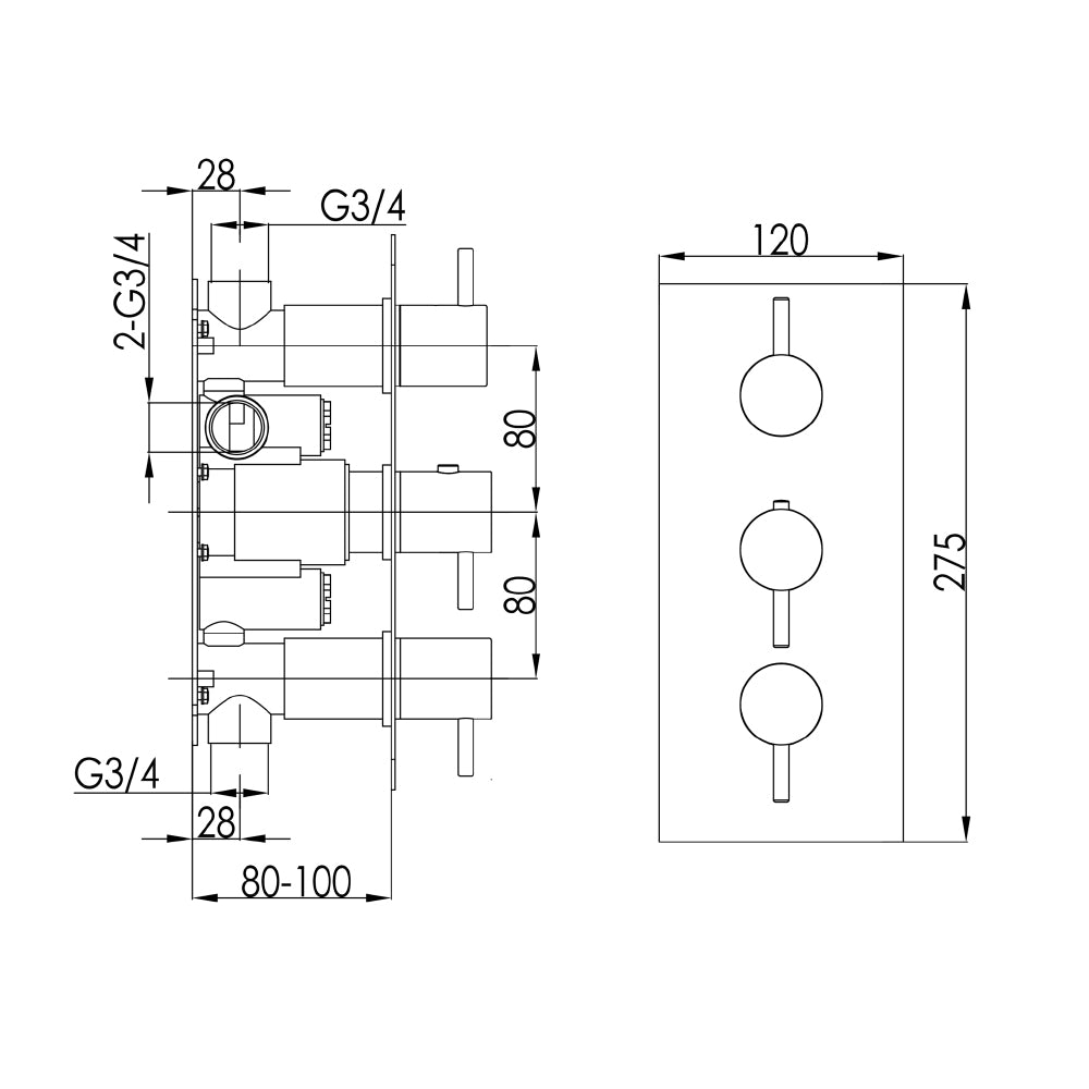 2 outlet shower valve technical drawing-tapron
