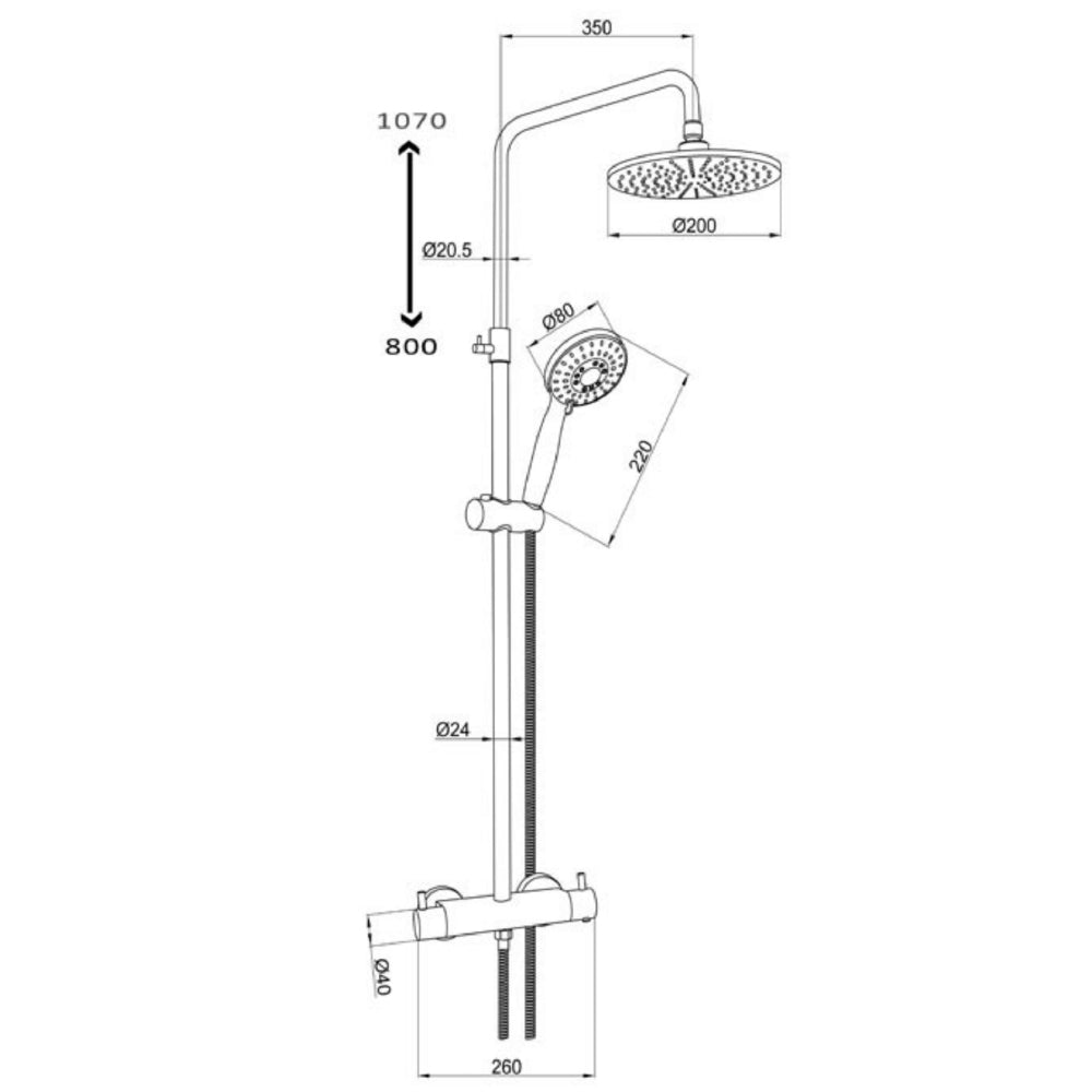 Black thermostatic bar valve shower system - Technical drawing
