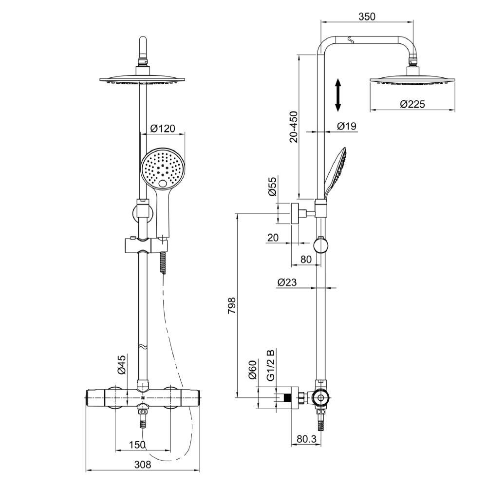 Shower riser rail kit - Technical Drawing