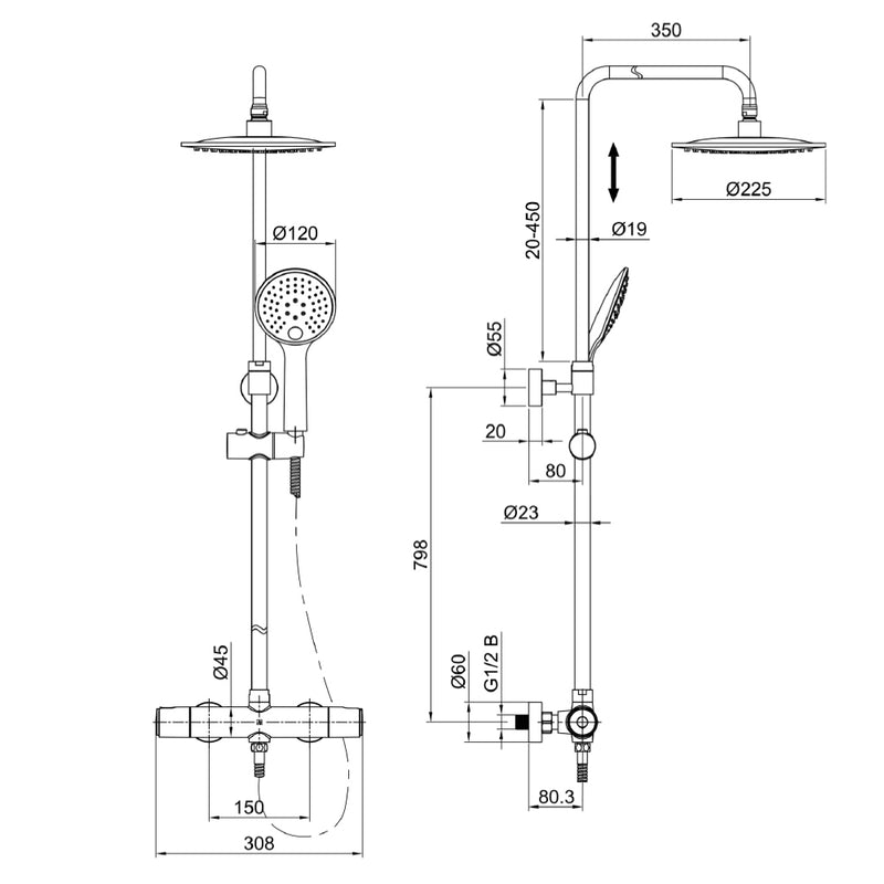 shower riser rail kit Technical Drawing