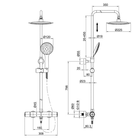 shower riser rail kit Technical Drawing