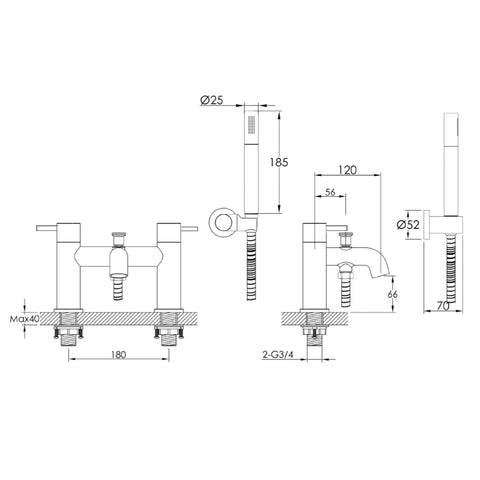 thermostatic Bath Mixer Tap technical drawing-tapron