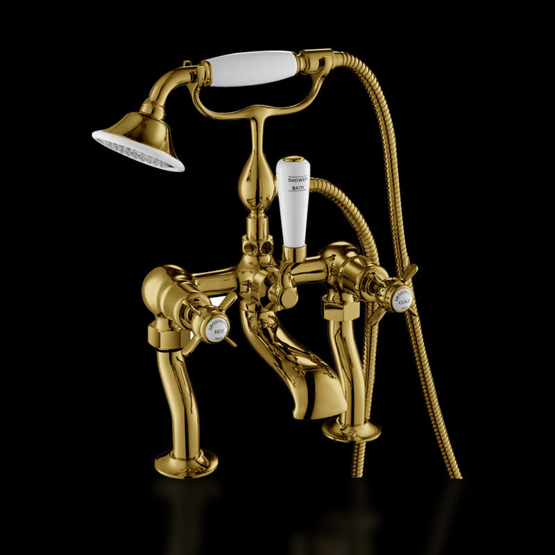 Gold Pinch Deck Mounted Bath Shower Mixer with Kit