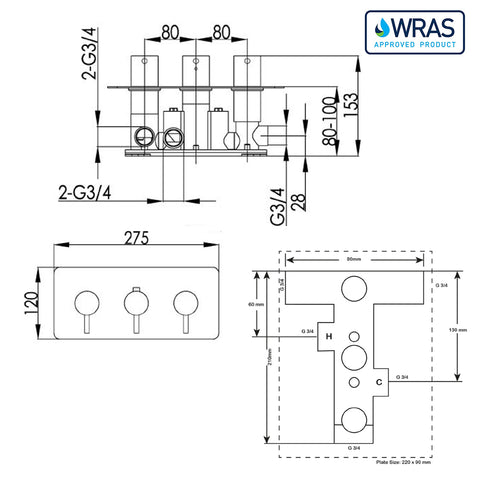 Thermostatic 3 Outlet Shower Horizontal  dimensions