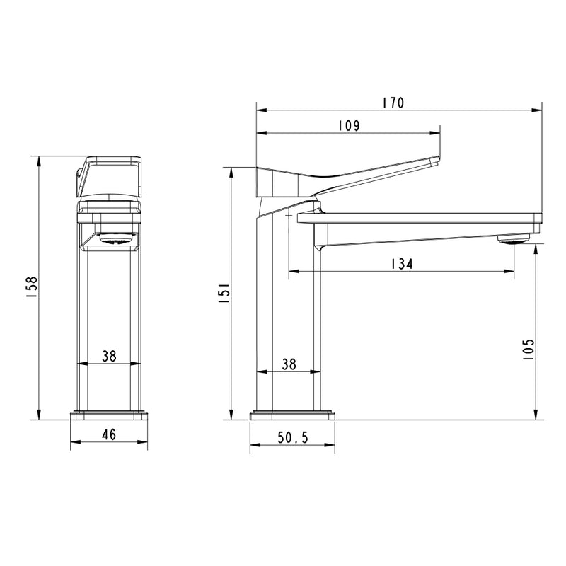 brushed brass basin mono mixer tap technical drawing-tapron