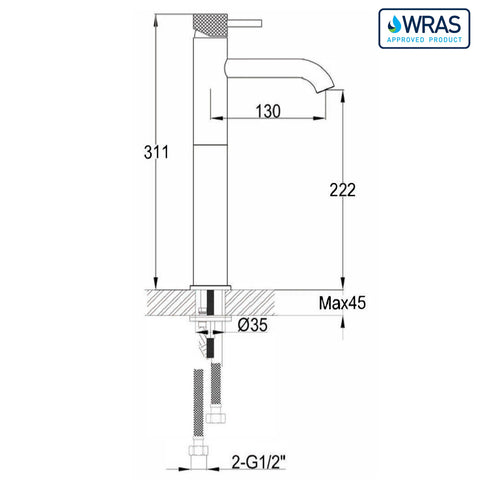 brushed brass single basin tap technical drawing-tapron