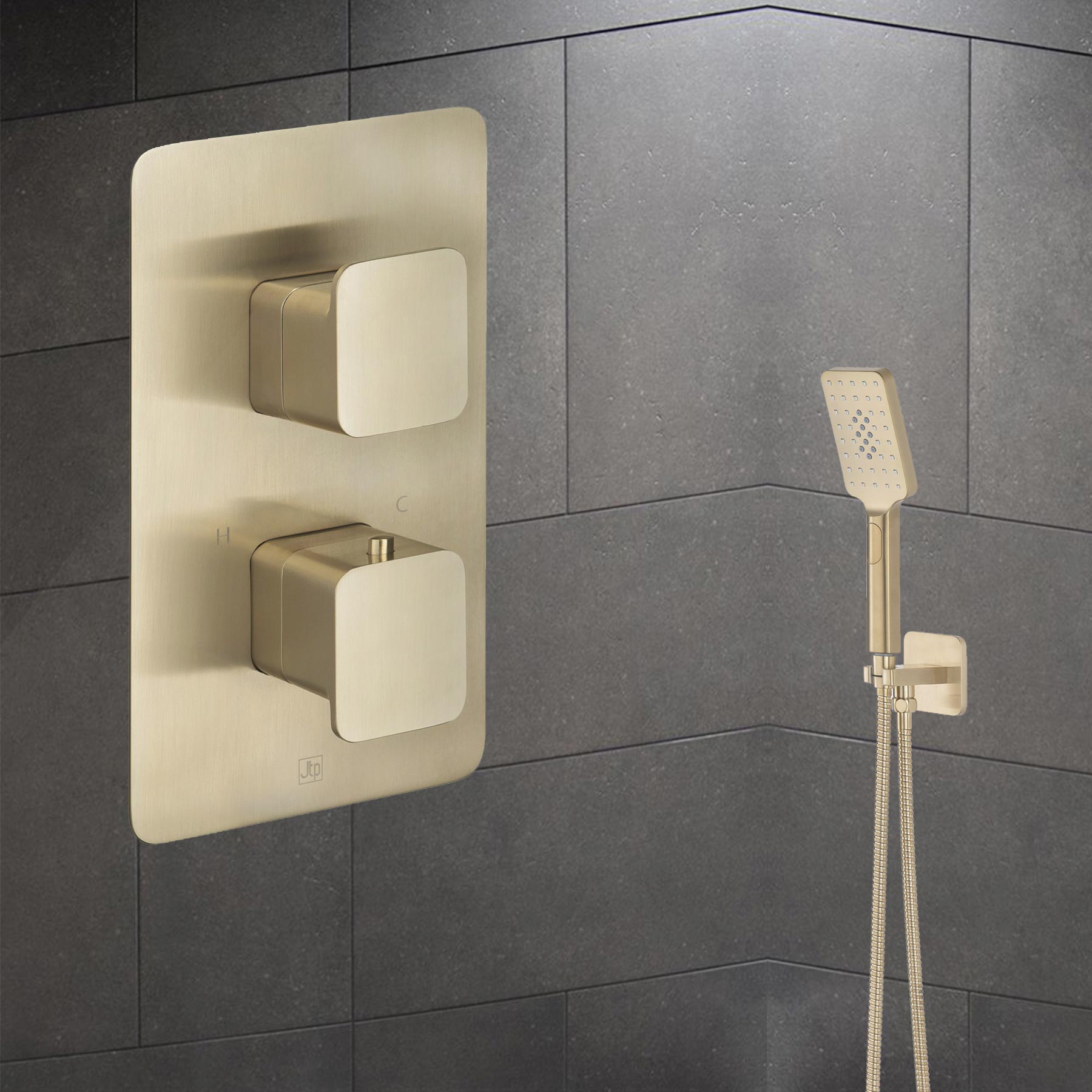 Gold Thermostatic Concealed Square 2 Outlet Shower Valve - Brushed Brass Secondary image