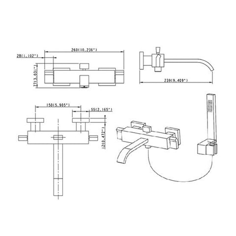 shop square bath shower mixer tap tapron technical drawing