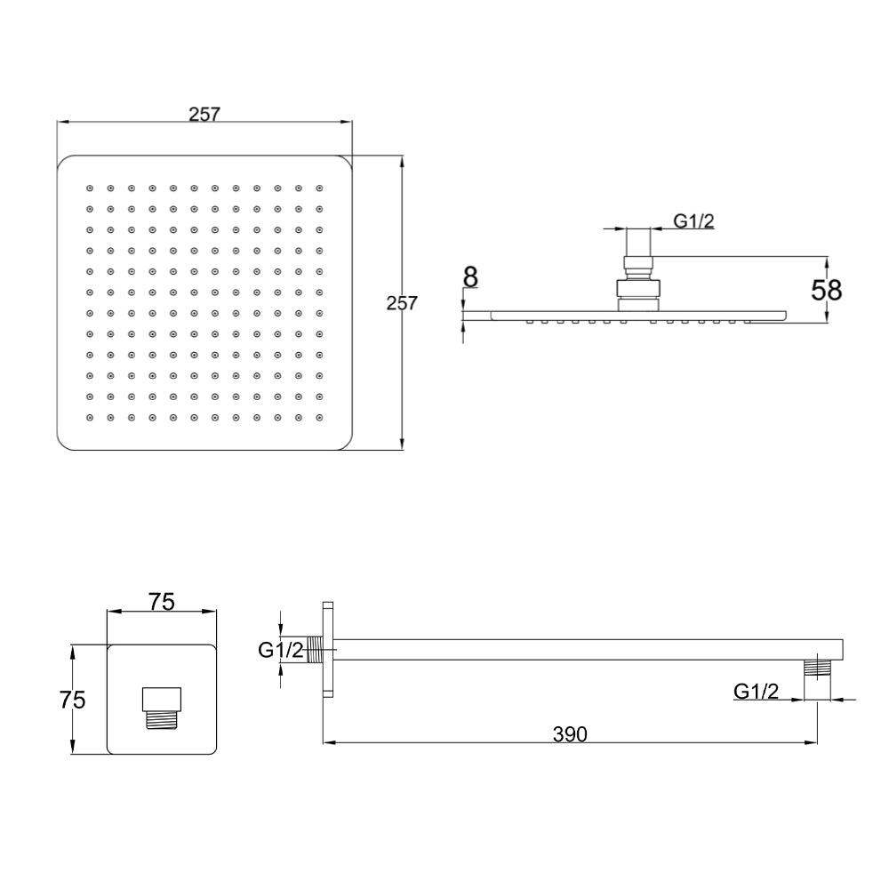 Tapron - square shower head arm Technical Drawing