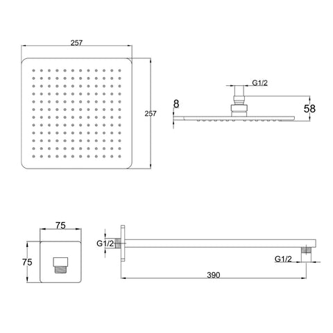 Tapron - square shower head arm Technical Drawing
