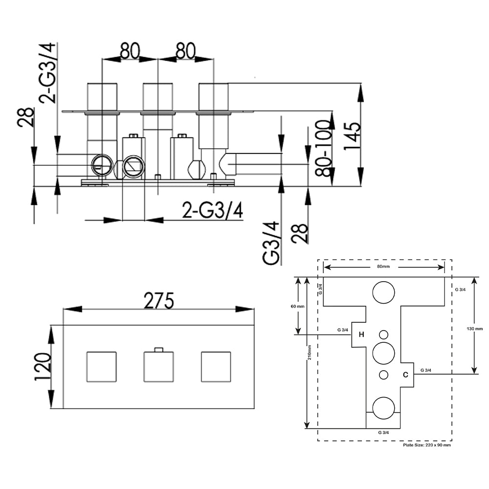 shop Triple Concealed Shower Valve technical  drawing