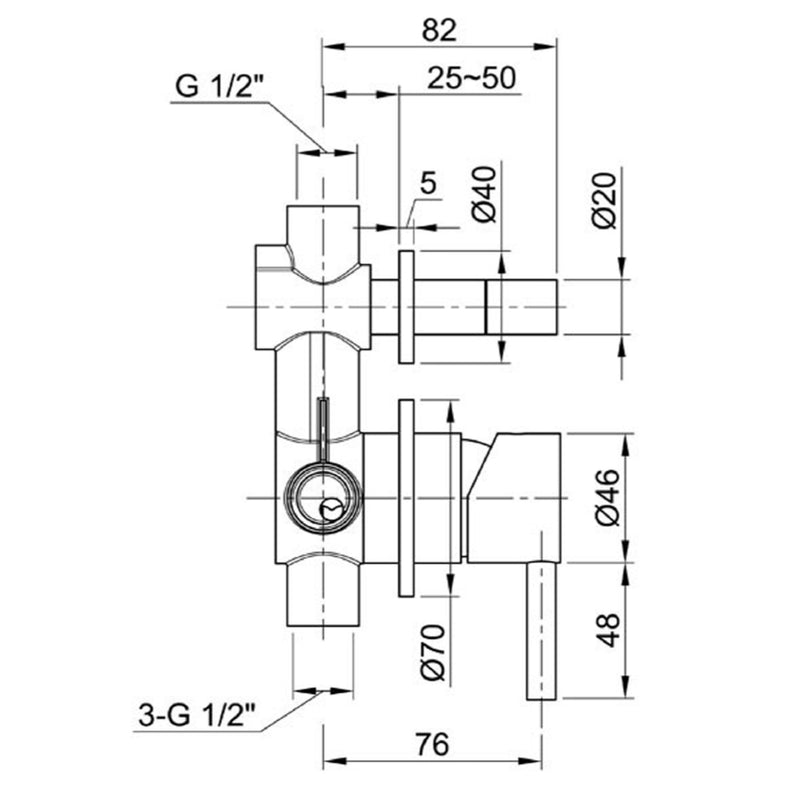 2 outlet thermostatic bar shower valve technical drawing-tapron