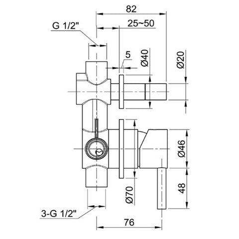 2 outlet thermostatic bar shower valve technical drawing-tapron