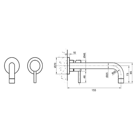 wall mounted basin mixer technical drawing-tapron