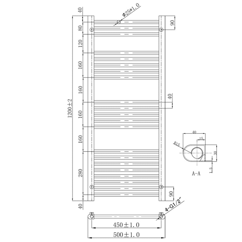 Technical Drawing - Brushed Brass Vertical Heated Towel Rail Radiator