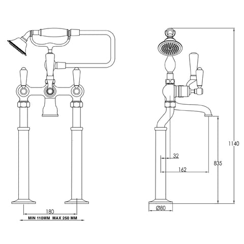  Gold Bath Shower Mixer with Kit technical drawings