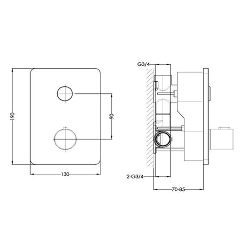 single outlet push button shower valve tapron technical  drawing
